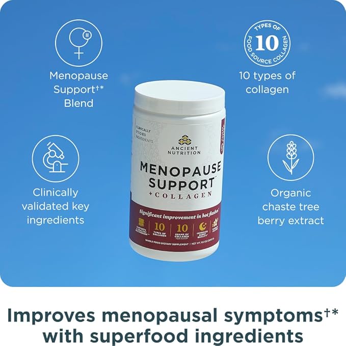 Ancient Nutrition Menopause Support + Collagen Powder, Hydrolyzed Collagen Peptides, Key Clinically Validated Superfoods, Significant Improvement in Hot Flashes and Sleep Quality, Vanilla, 25 Servings
