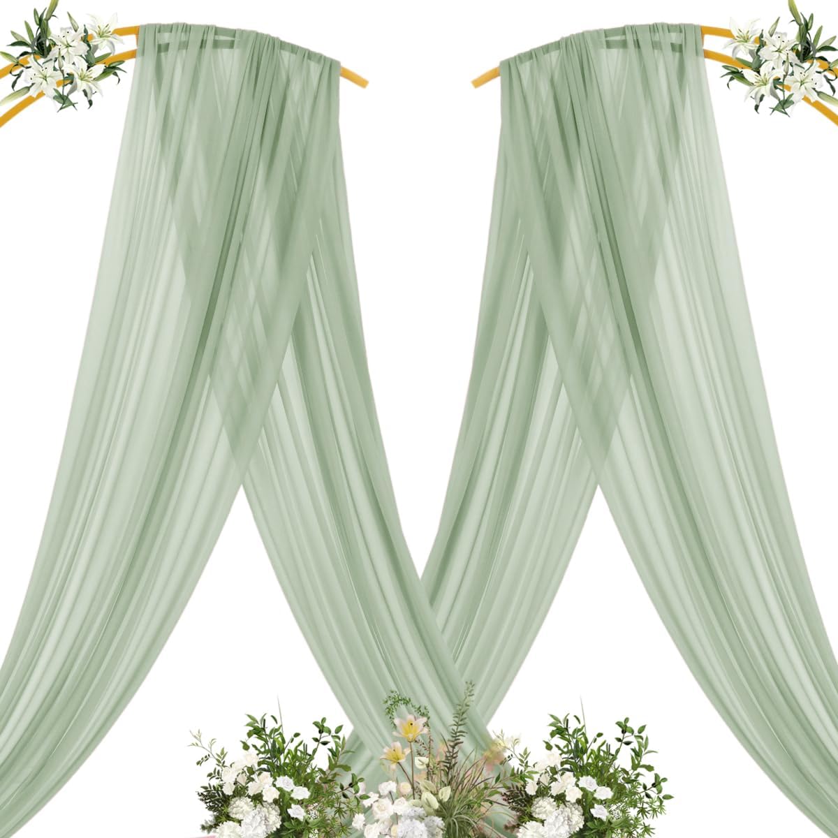 MLMC Sage Green Wedding Arch Draping Fabric 2 Panels 29" x 20 FT Extra Long Gauze Drapes Sheer Backdrop Curtains 6.6 Yards Outdoor Drapery Panels for Wedding Ceremony Party Ceiling Decoration