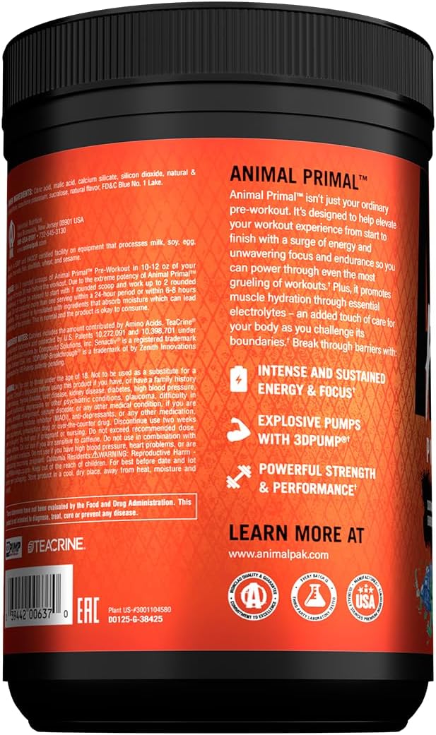 Animal Primal Muscle Hydration + Preworkout Powder – Contains Beta Alanine, 3DPump, Caffeine & Electrolytes – Improves Energy, Focus, Endurance & Absorption – New Candy Crush’d Flavor, 17.8 oz