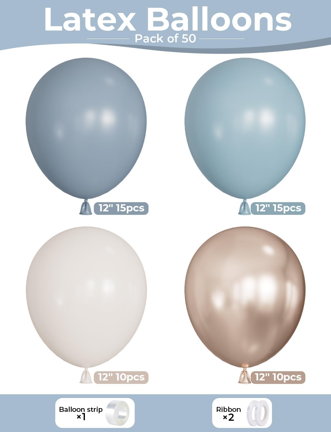 Dusty Blue and Gold Balloons - 12 Inch Dusty Blue Balloons Metallic Gold Sand White Latex Balloon Baby Shower Balloon for Girls Gender Reveal Birthday Party Supplies, Boy Baby Shower Decoration