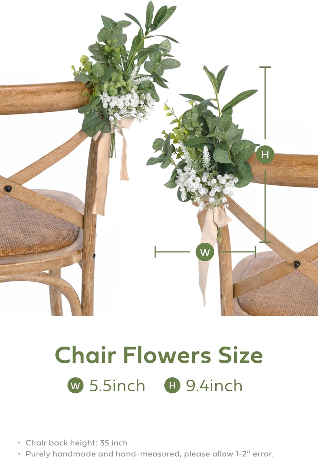 Ling's Moment 8 White Aisle Pew Artificial Flowers Arrangements Babysbreath for Wedding Ceremony Chair Back Floral Decorations with Chiffon Ribbons Sage Green Reception Church Rose Fake Party Outdoor