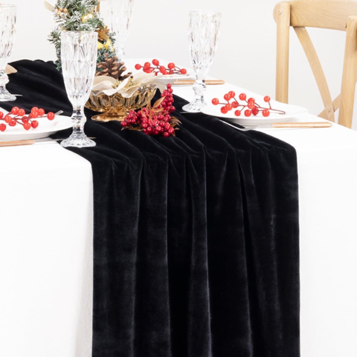 MLMC 2 Pack Black Velvet Table Runner 10ft Glossy Luxury Velvet Fall Table Runner 20x120 Inches Wedding Runner for Bridal Shower Birthday Party Halloween Decor