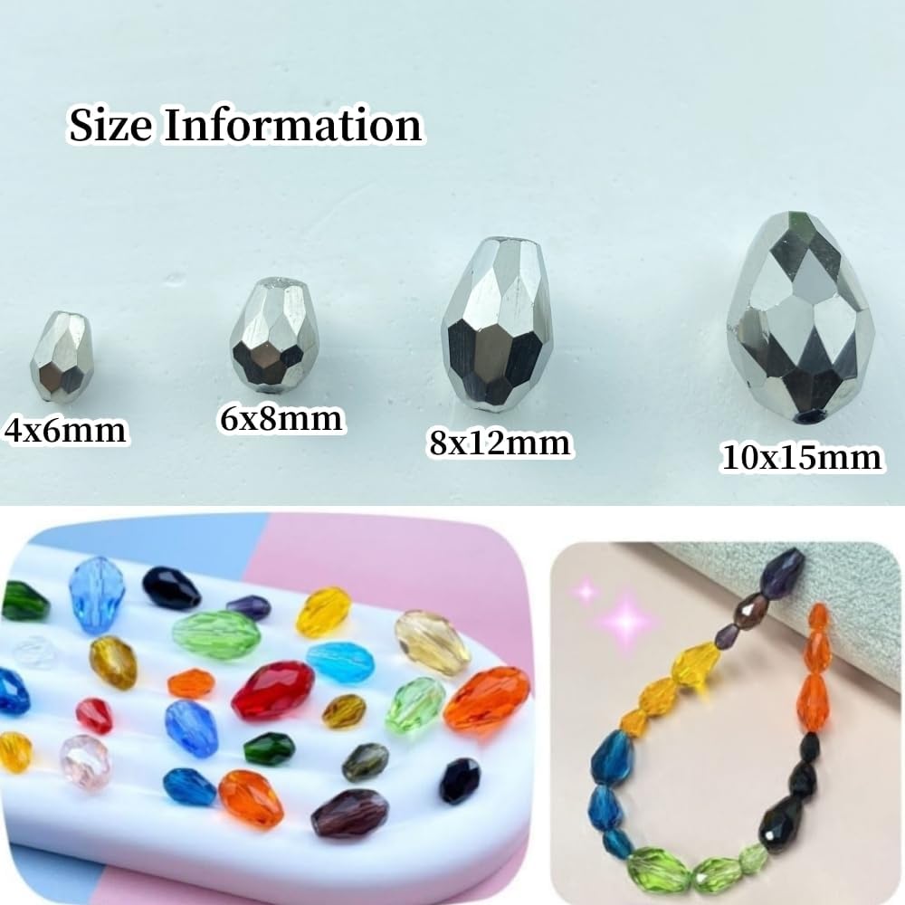 200pcs 4x6mm Teardrop Crystal Glass Beads Vertical Hole Faceted Glass Teardrop Spacer Beads for Bracelets Necklace Earring DIY Jewelry Making Craft(Silver)