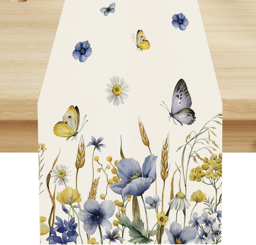 Floral Table Runner, Spring Watercolor Flower Plants Nature Butterfly Table Runner for Kitchen Dinner Living Room Home Party, 13x60 Inch