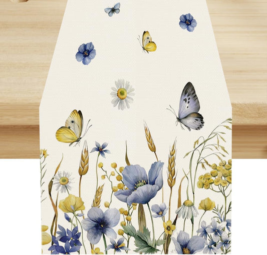 Floral Table Runner, Spring Watercolor Flower Plants Nature Butterfly Table Runner for Kitchen Dinner Living Room Home Party, 13x120 Inch