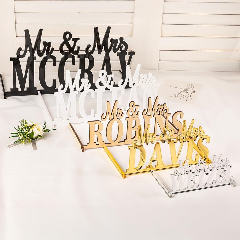 callie Personalized Mr and Mrs Wedding Table Name Sign, Custom Wooden Acrylic Table Decor for Wedding, Bridal Shower Party