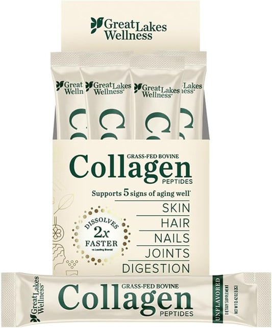 Great Lakes Wellness Collagen Peptides Powder for Skin, Hair, Nails, Joints & Digestion - Unflavored - Quick Dissolve Hydrolyzed, Non-GMO, Keto, Kosher - 20 Sticks