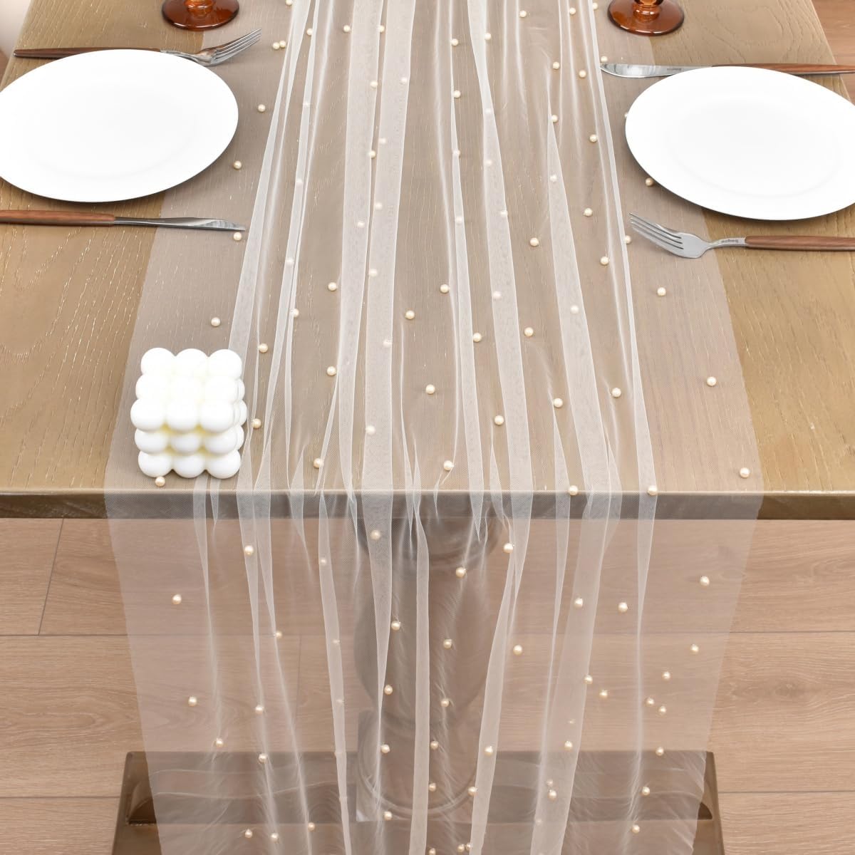 Joanlody Fall Pearl Table Runner 10ft Rustic Boho Tulle Table Runner with Pearls for Baby Shower Wedding Party Veil Dessert Thanksgiving Table Decor Champagne 4pcs