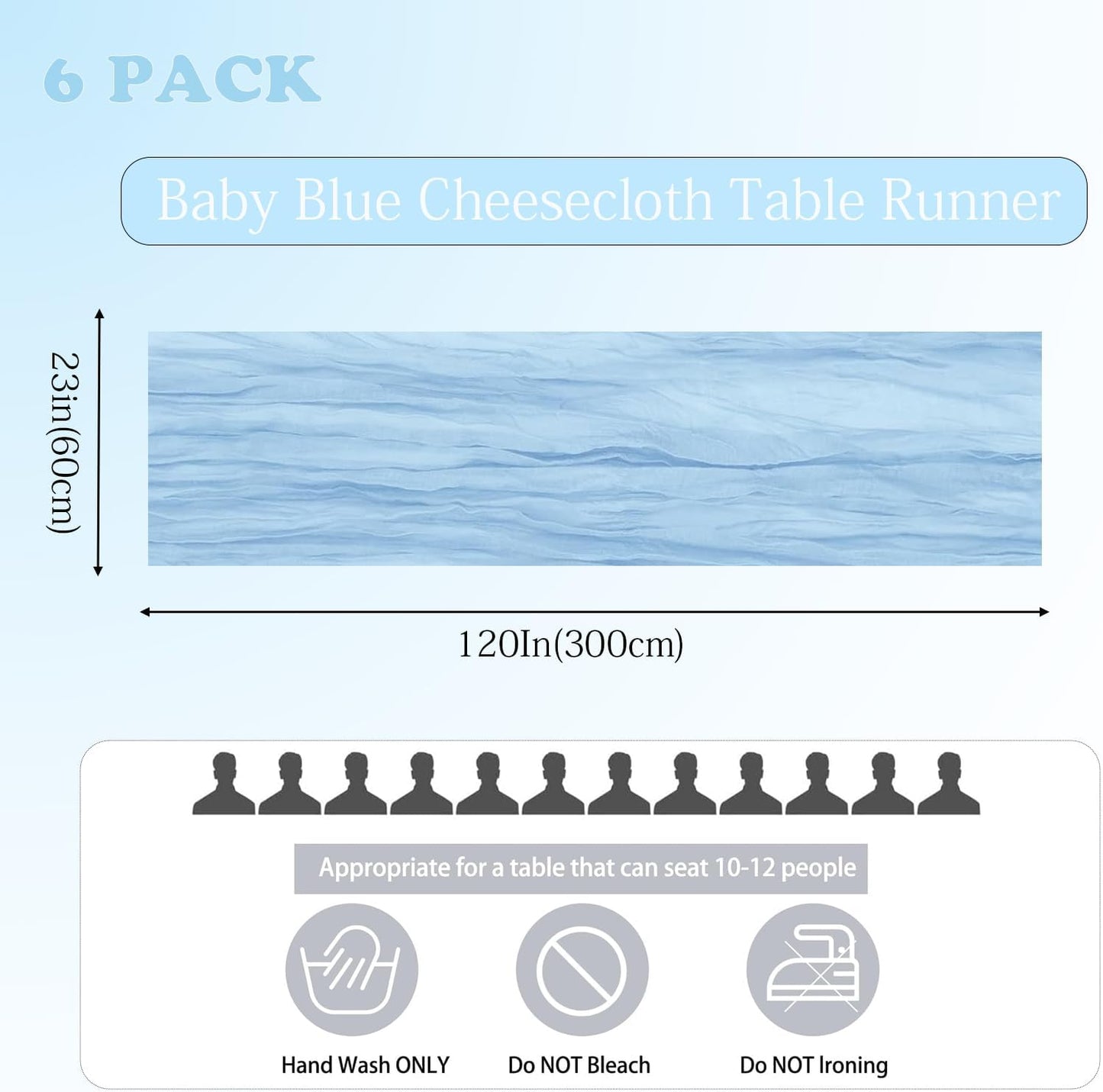 6 Pack Baby Blue Cheesecloth Table Runner 23x120 inch Rustic Boho Gauze Table Runner 10 FT Long Sheer Cheese Cloth Fabric Table Runners for Romantic Wedding Bridal Shower Birthday Party Decor