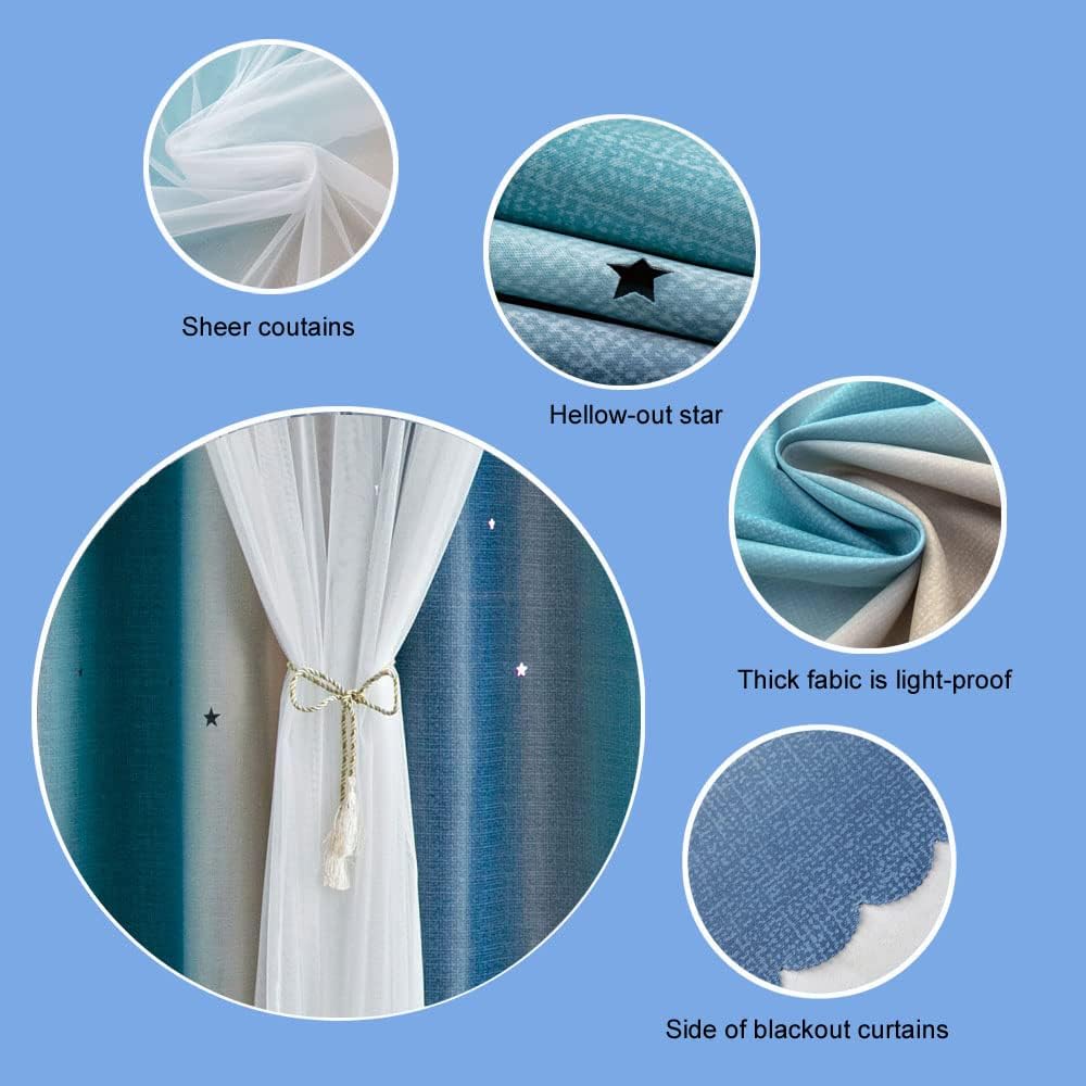 FANLI Ombre Rainbow Blackout Curtains for Kid Girls Bedroom Living Room Darking Stripe Double Layer Star Cut Out Wall Home Decor Gradient Grommet Window Curtains (Blue/Yellow, 52W x 95L)