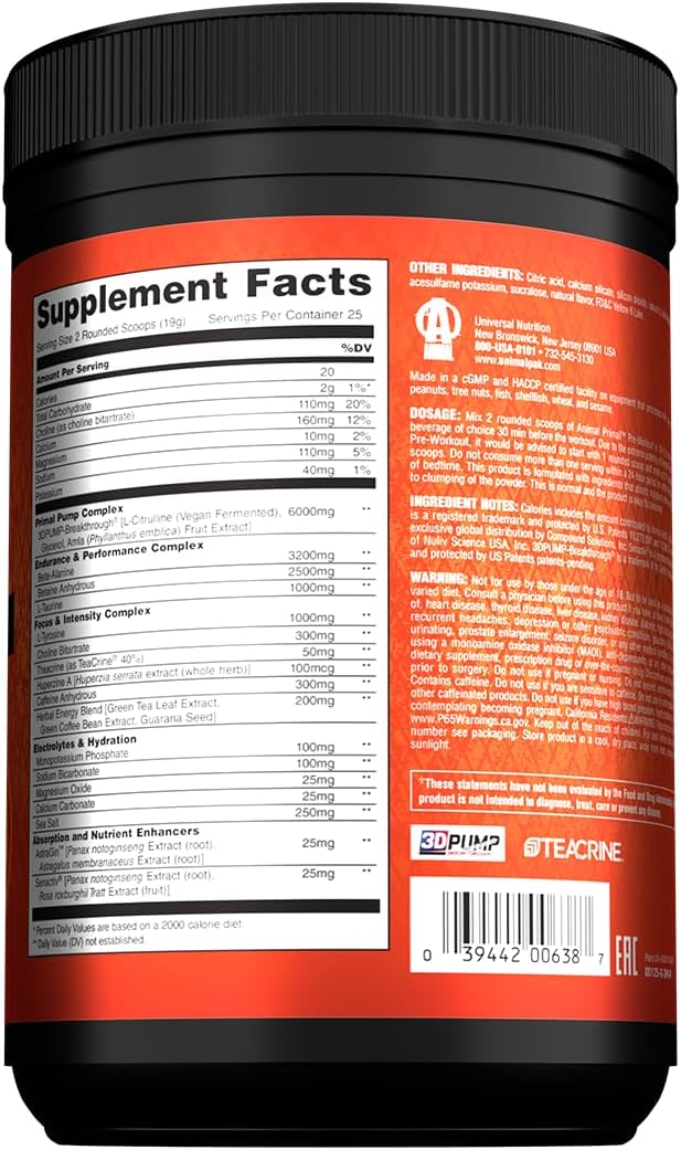 Animal Primal Muscle Hydration + Preworkout Powder – Contains Beta Alanine, 3DPump, Caffeine & Electrolytes – Improves Energy, Focus, Endurance & Absorption – New Wick’d Peach Flavor, 16.75 oz