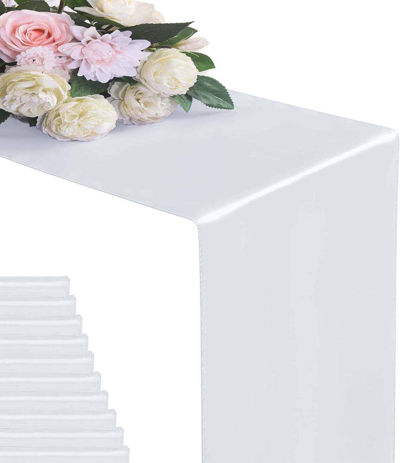 24Pack Table Runner 12 x 108 Inches Satin Silk Table Runner for Wedding, Birthday Party, Banquets, Graduations Decoration, fit Rectange and Round Table-White