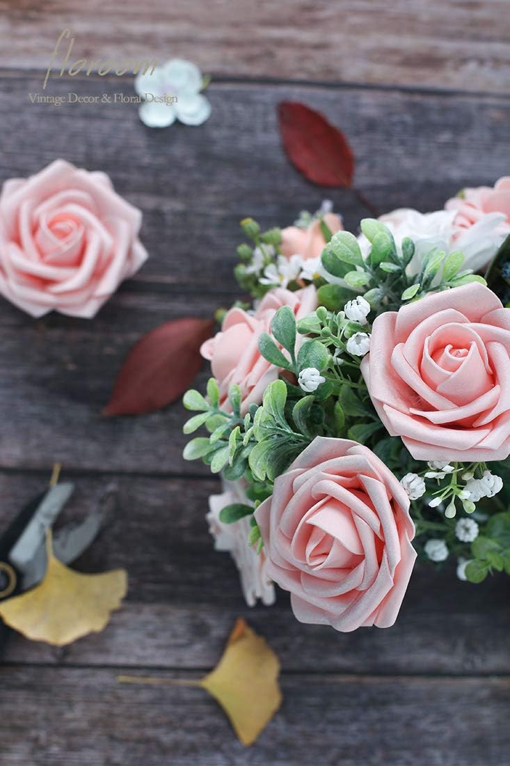 Floroom Artificial Flowers 25pcs Real Looking Shimmer Blush and Peach Foam Fake Roses with Stems for DIY Wedding Bouquets Bridal Shower Centerpieces Floral Arrangements Party Tables Home Decorations