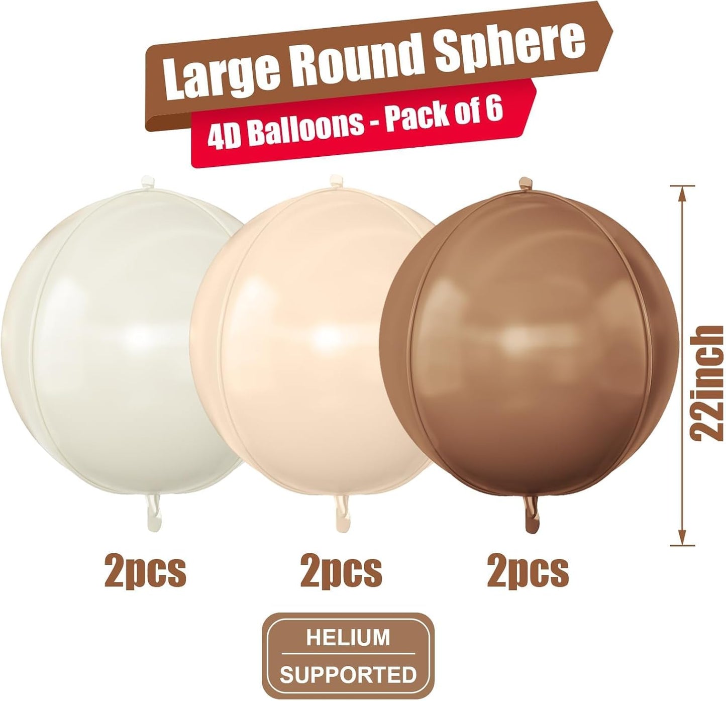 6Pcs Nude Cream Beige Round Foil Balloons, 22inch 4D Apricot Brown Tan Large Ball Balloons, for Boho Birthday Wedding Baby Shower Party Backdrop Decorations