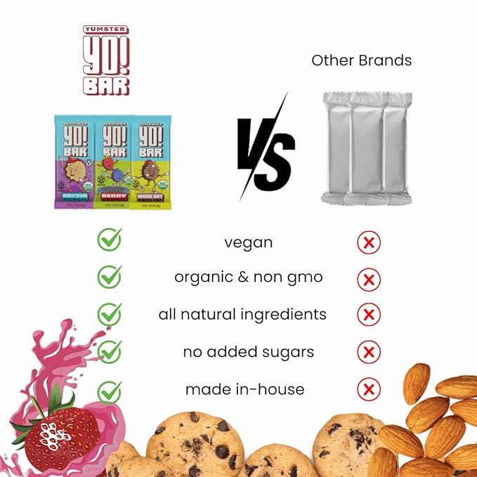 Bearded Brothers Yumster Yo! Bearded Brothers Yumster Yo! Bar Vegan Kids Bars with Plant Based Protein Organic Kids Snacks Soy, Dairy, Gluten Free, Non-GMO - 25 Pack Variety Pack (10 x Almond Butter Cookie / 10 x Inside Out Choco Chip / 5 x Berry Bounce)