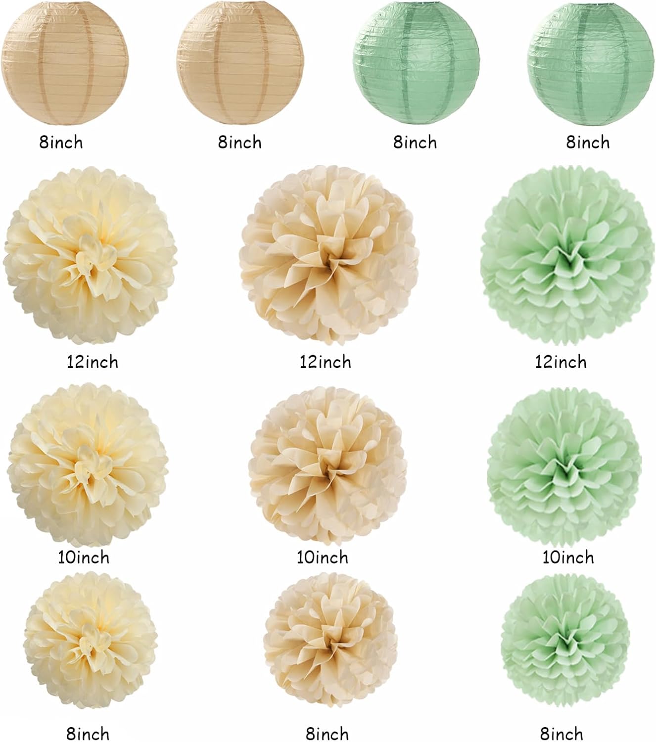Sage-Green Champagne-Gold Baby Shower Party Decorations - 20pcs Neutral Birthday Paper Lanterns Fans,Boho Wedding Tissue Pom Poms,Honeycomb Streamers Banner,Bridal Graduation Rustic Decor Burgleda