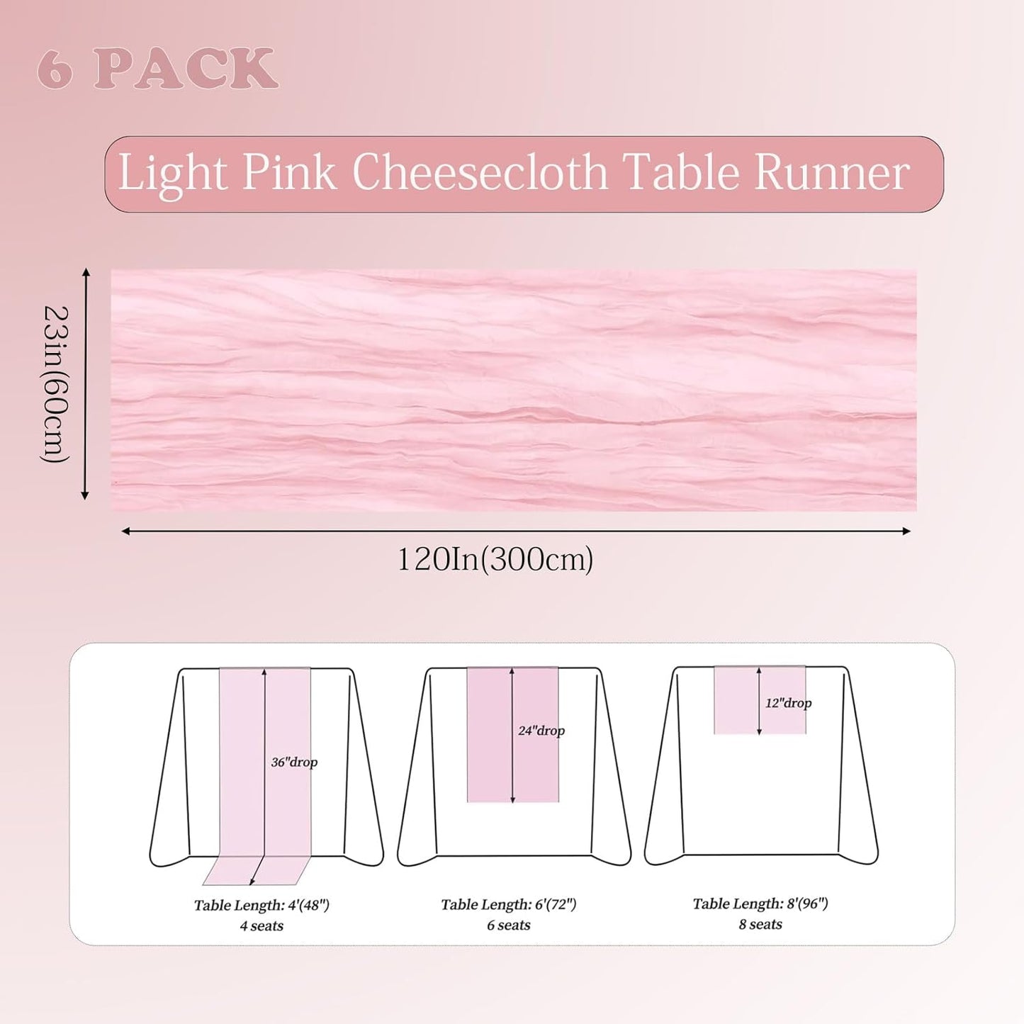 6 Pack Light Pink Cheesecloth Table Runner 23x120 inch Rustic Boho Gauze Table Runner 10 FT Long Sheer Cheese Cloth Fabric Table Runners for Romantic Wedding Bridal Shower Birthday Party Decor