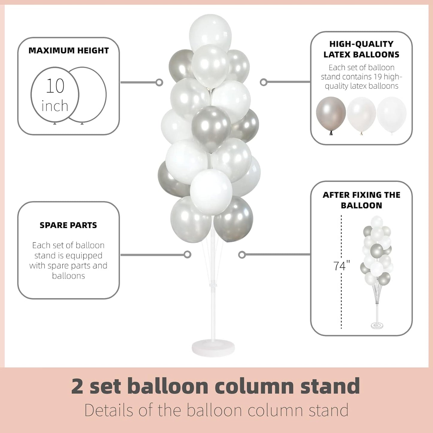 Balloon Column Kit Set of 2 With Balloons Included - with Base, and Pole,Balloon Tower Backdrop Decoration for Wedding, Baby Shower, Birthday Party, or Bachelorette Parties (Silver White)
