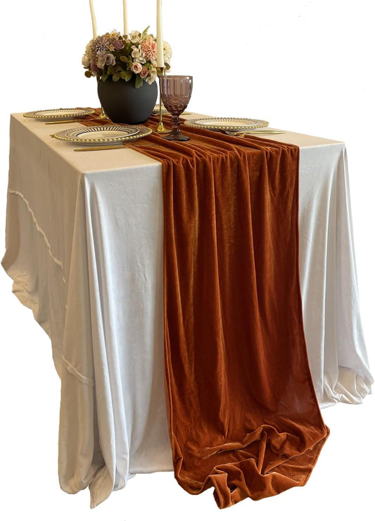 Luxurious Velvet Table Runner, Terracotta 120 Inches Wedding Table Runners, 10ft Velvet Home Party Table Decorations