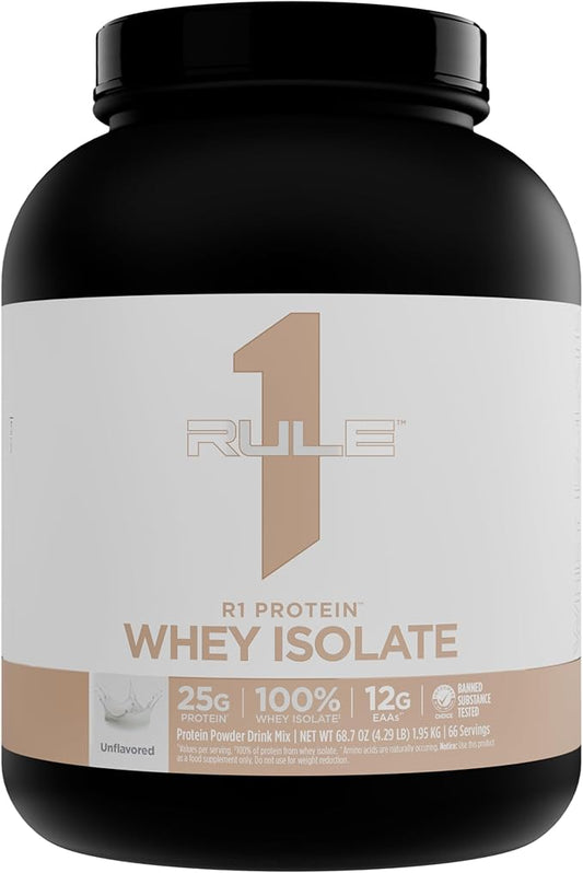 Rule 1 Naturally Flavored R1 Protein Whey Isolate - Clean Formula with 25g Protein & 6g BCAA Exclusively Isolated & Hydrolyzed Sources for Workout Recovery (4.3 Pounds*, Unflavored)