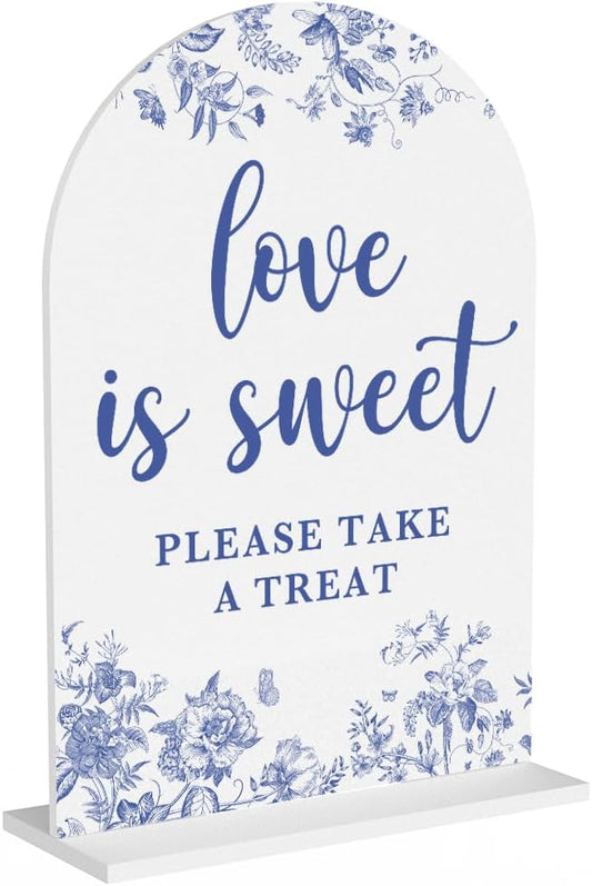 Acrylic Wedding Signs, Dusty Blue Wedding Decor, Blue Weddings Decor, Love is Sweet Signs for Reception, Modern Calligraphy Arch Acrylic Table Top Sign for Weddings Parties Dinners (White)