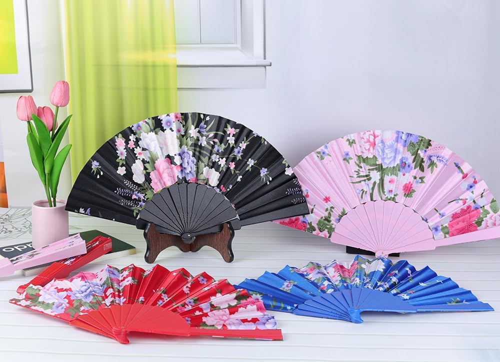 HUNANBANG 1 Dozen Oriental Flowers Japanese Folding Hand Fans Spanish Church Wedding Vintage Gift, Party Favors, DIY Decoration retro Gift Size 8 1/4" Wholesale (12pack)