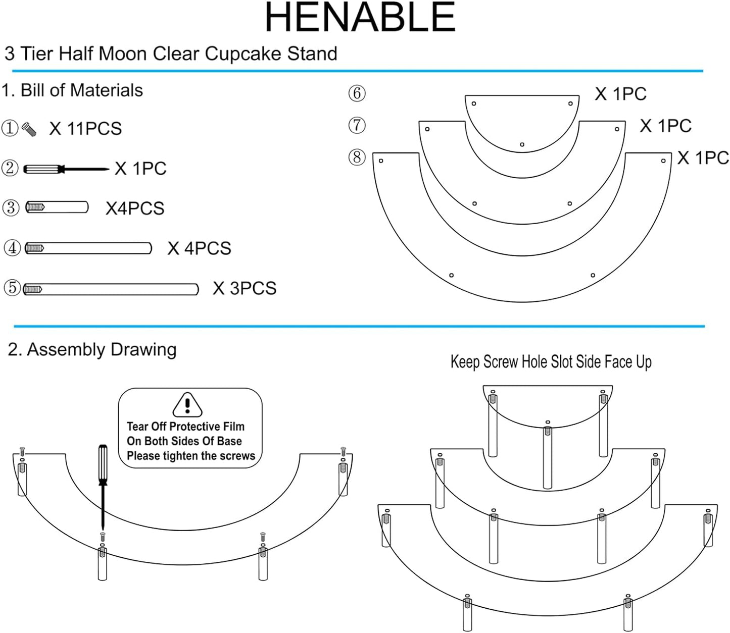 2PACKS Acrylic Display Risers, 3 Tier Clear Cupcake Stand Risers, Perfume Stand Organizer, Half Moon Dessert Stand, HENABLE Shelf Risers for Display Stands for Food, Amiibo Funko POP Figure (2half moon)