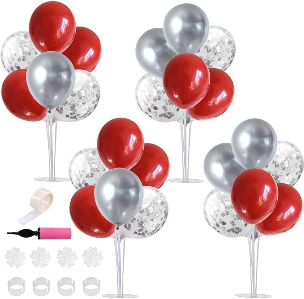 TONIFUL 4 Centerpieces Table Stand,Red Sliver Balloon Stand for Christmas,Birthday,Wedding,Anniversary, Graduation Decorations,Valentine's Day,New Year 2025