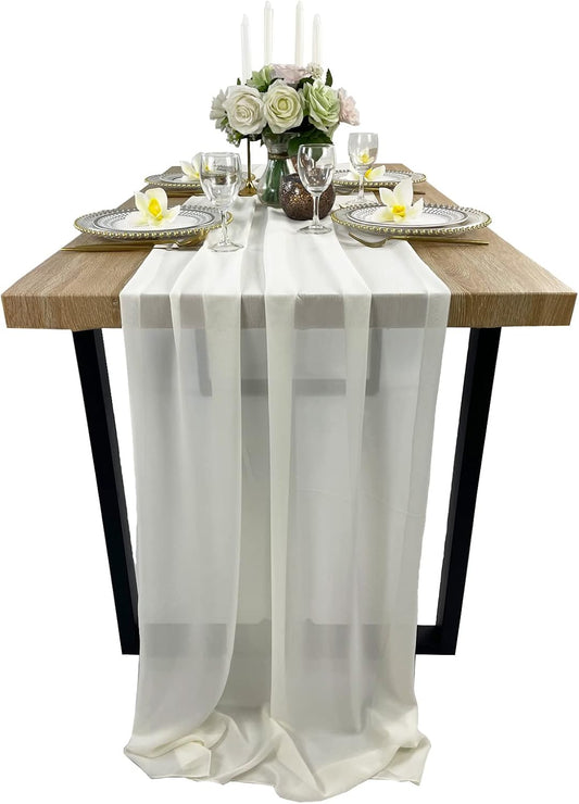 EHLDekol 13ft Ivory Chiffon Table Runner, 29x156 Inches Romantic and Rustic Boho Wedding Runner, Sheer Bridal Party Decorations