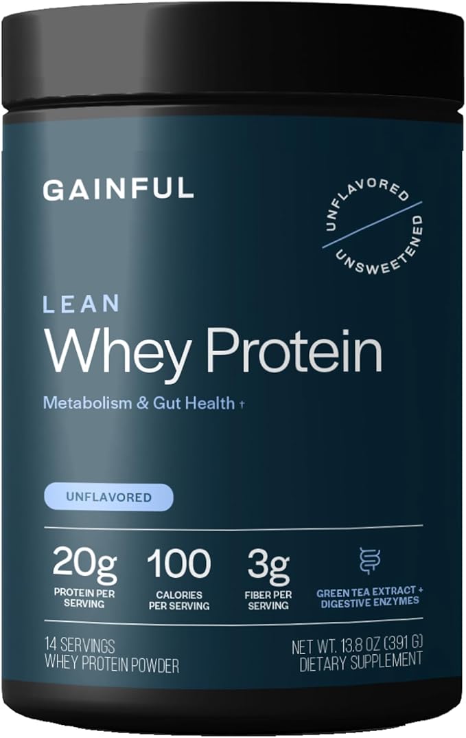 Gainful Lean Whey Protein Powder with 20g Protein per Serving, Unflavored, Supports Lean Muscle, Metabolism, and Satiety, with Green Tea Extract, Digestive Enzymes, Organic Fiber, 14 Servings