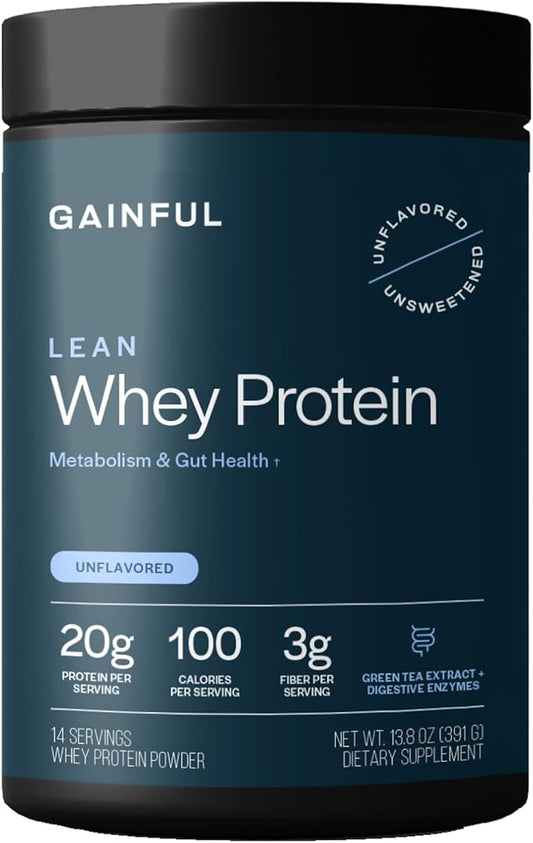 Gainful Lean Whey Protein Powder with 20g Protein per Serving, Unflavored, Supports Lean Muscle, Metabolism, and Satiety, with Green Tea Extract, Digestive Enzymes, Organic Fiber, 14 Servings