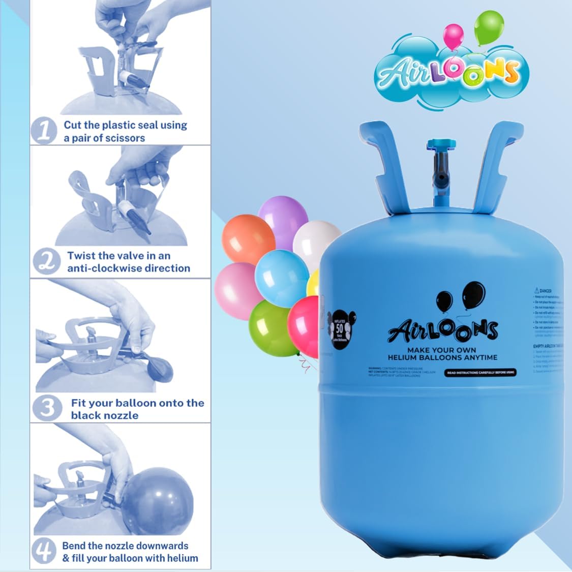 Airloons Helium Balloon Kit with 14.9 Cu Ft Tank – Includes 50 Multicolor 9 inch Latex Balloons, Ribbon & Easy to Fill Nozzle – Easy Setup for Birthdays, Weddings, Baby Showers, DIY Party Décor