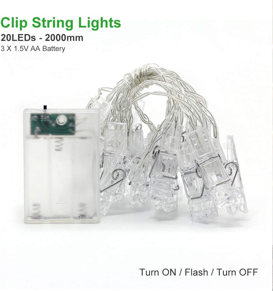 Dopheuor Photo Clip String Lights LED Fairy Clip String Lights Hanging Photo Pictures Battery Operated for Gifts Patio Christmas Bedroom Wedding Birthday Party Halloween Festival Decor (no Battery)