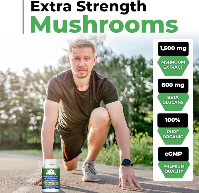 Cancer Sciences Organic Mushroom Supplement Capsules - 1,500mg Non-GMO Wellness Mushroom Complex 40% Beta-Glucans -Turkey Tail, Reishi, Cordyceps, Chaga Extract for Brain & Immune Support 120 Capsules