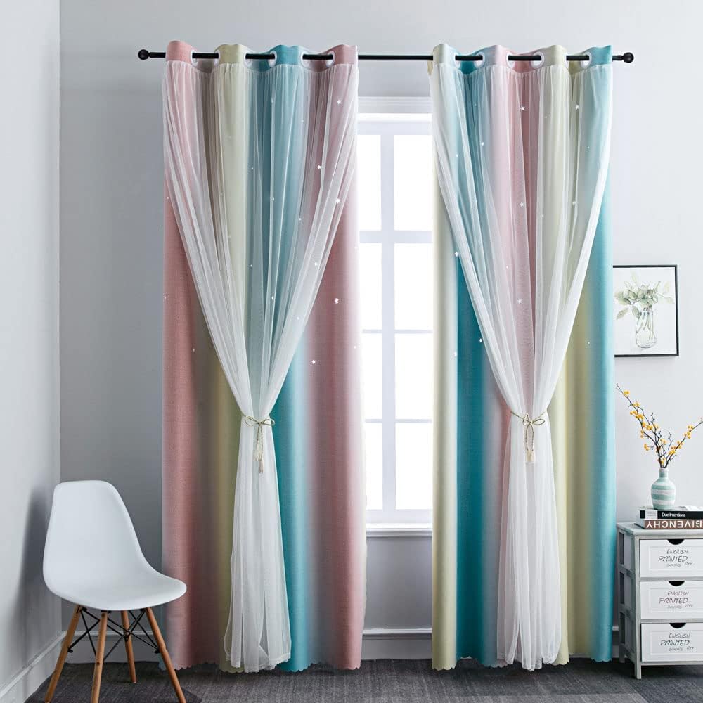 FANLI Ombre Rainbow Blackout Curtains for Kid Girls Bedroom Living Room Darking Stripe Double Layer Star Cut Out Wall Home Decor Gradient Grommet Window Curtains (Pink/Blue, 52W x 84L)
