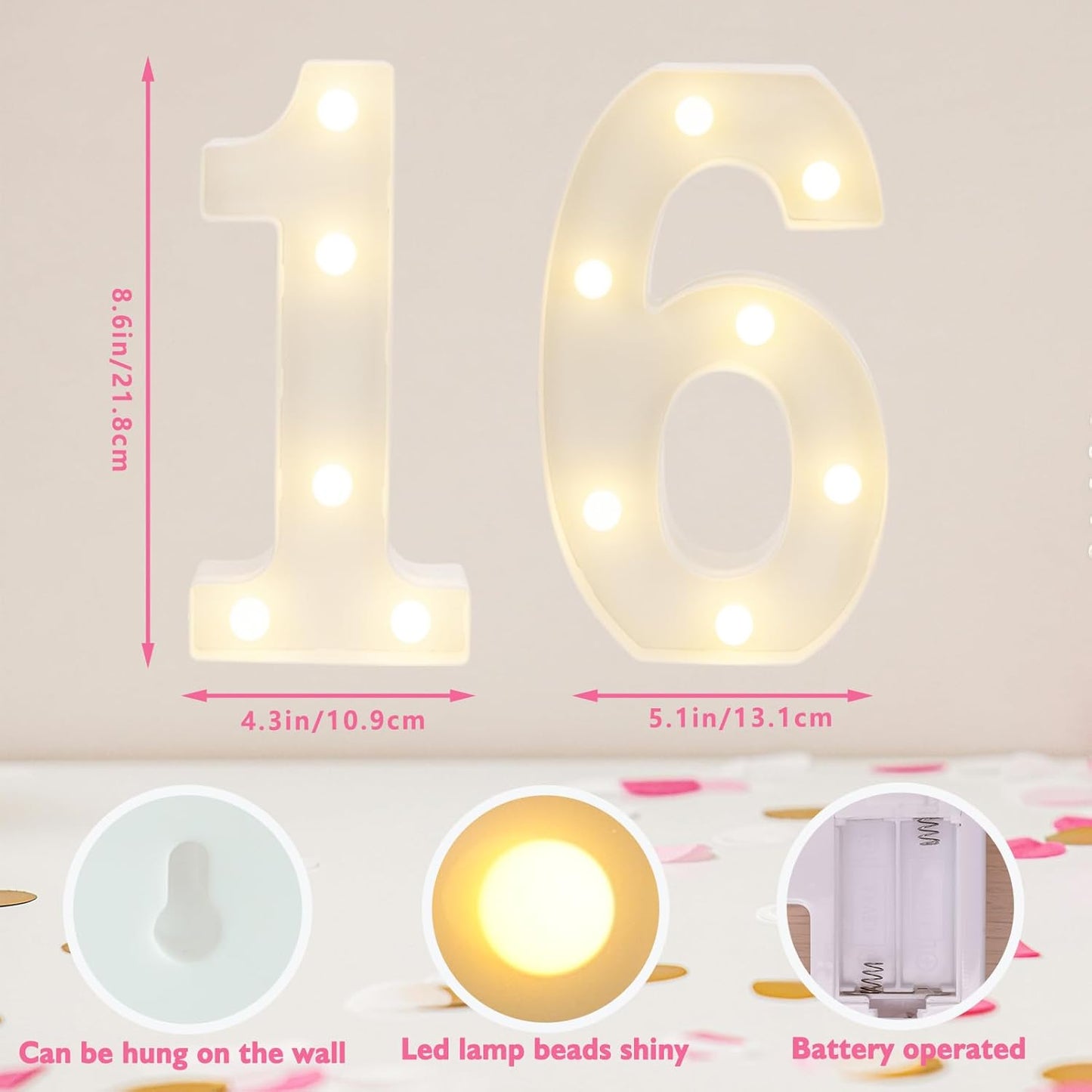 Decorative Led Light Up Numbers, 16th Birthday Decorations, Warm White Led Numbers Lights, Lighted Marquee Number Sign for Sweet 16th Party Decor