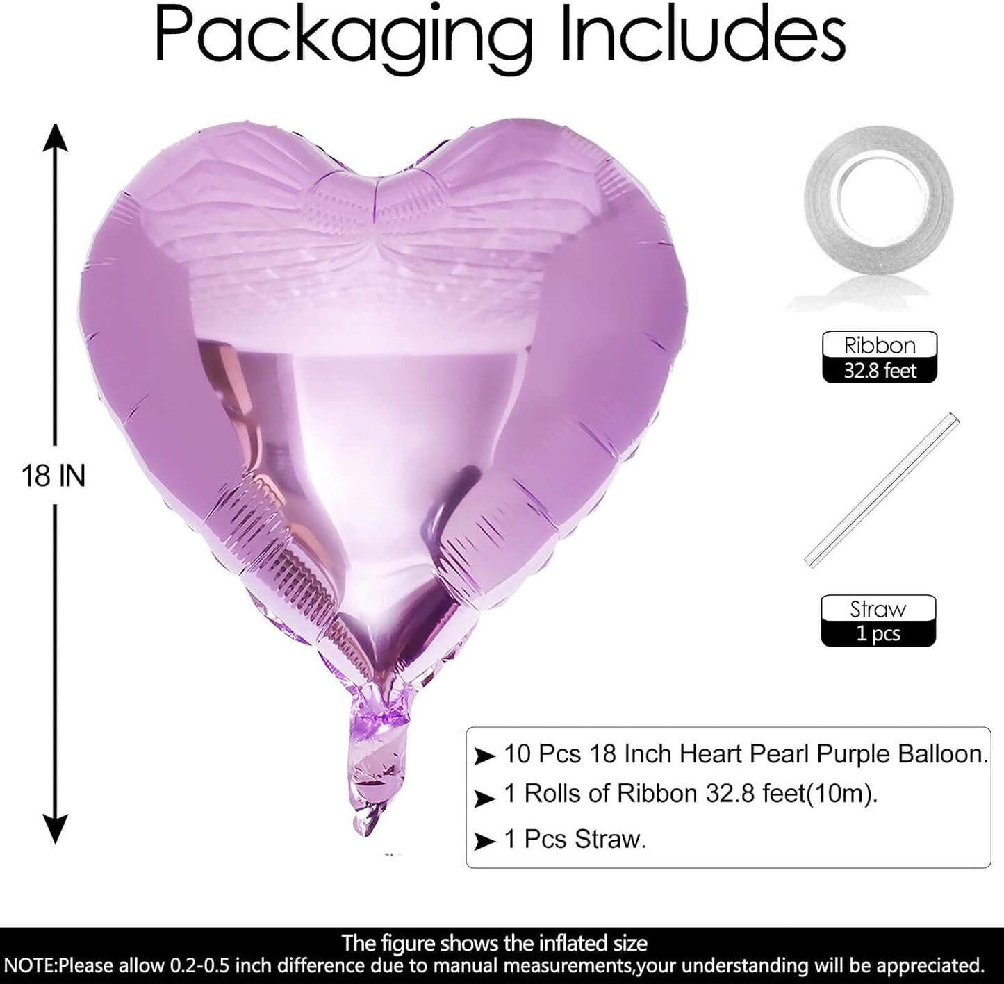 10pcs Pearl Purple Heart Balloons - 18 Inch Mylar Balloons for Baby Shower, Wedding, Valentine's Day Decorations