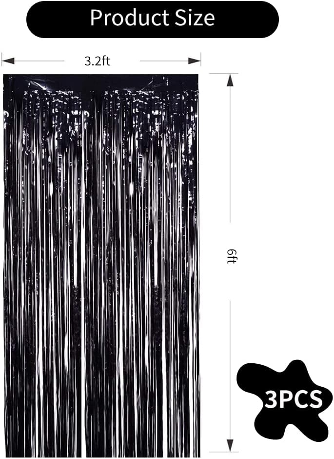 TONIFUL 3Pcs Black Door Streamers,Photo Booth Backdrop,Metallic Streamers Black Foil Fringe Curtains for Birthday,Christmas,New Year,St. Patrick's Day Halloween Party Streamers Decor(9.9ft x 6.6ft)