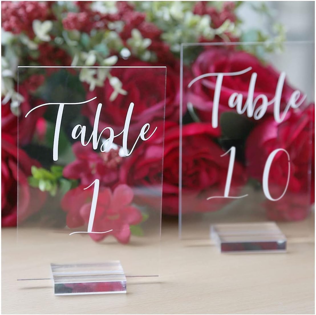 UNIQOOO Acrylic Wedding Table Numbers 1-10 with Stands | 4x6 inch Printed Calligraphy, Clear Table Number Signs and Holders | Perfect for Wedding Reception, Centerpiece Decoration, Event, Party
