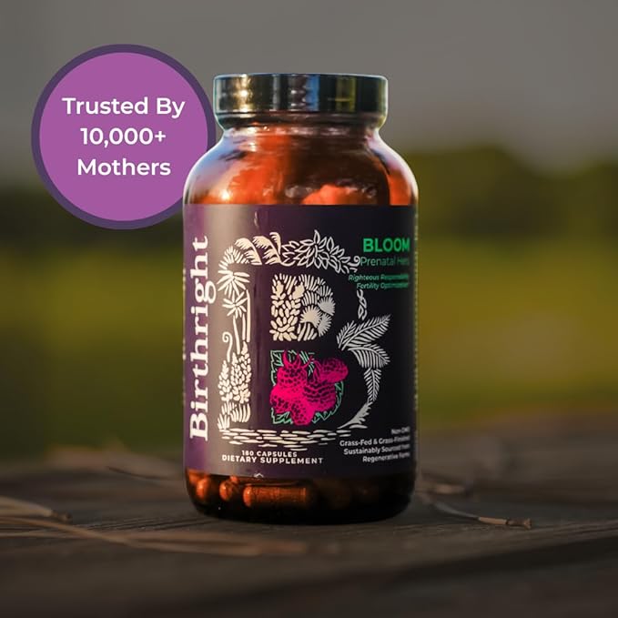 Birthright Complete Prenatal Supplement for Fetal Development… Folate, Choline + DHA, from Grass Fed Liver, Fish Eggs, Colostrum, Bone Marrow, with All Natural Herbal Blend Bloom
