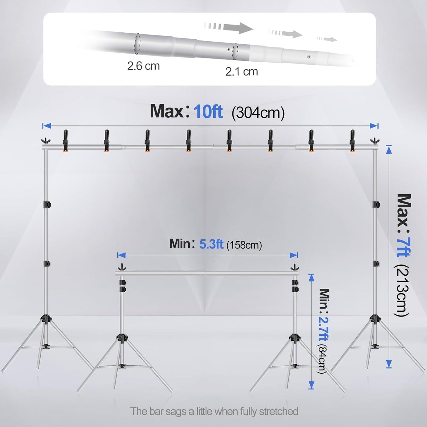 EMART Backdrop Stand 10x7ft(WxH) Photo Studio Adjustable Background Stand Support kit with 2 Crossbars, 8 Clamps, 2 Sandbags and Carry Bag for Parties, Events Decoration, Wedding, Photography -Silver