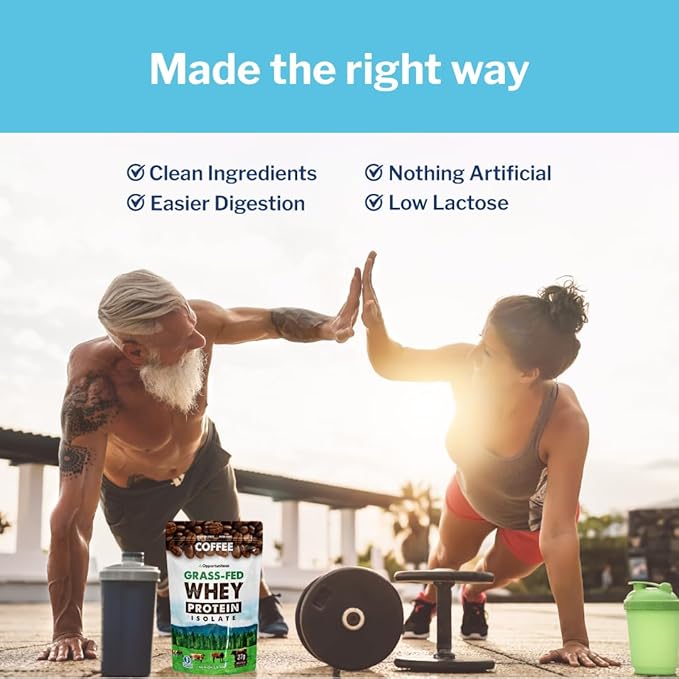 Opportuniteas Coffee Whey Protein Powder - Low Carb & Keto Friendly - Grass Fed Whey Isolate + Colombian Coffee - 60 mg Caffeine for Energy - Pre or Post Workout Drink Mix, Latte, Shake & Smoothie 1lb