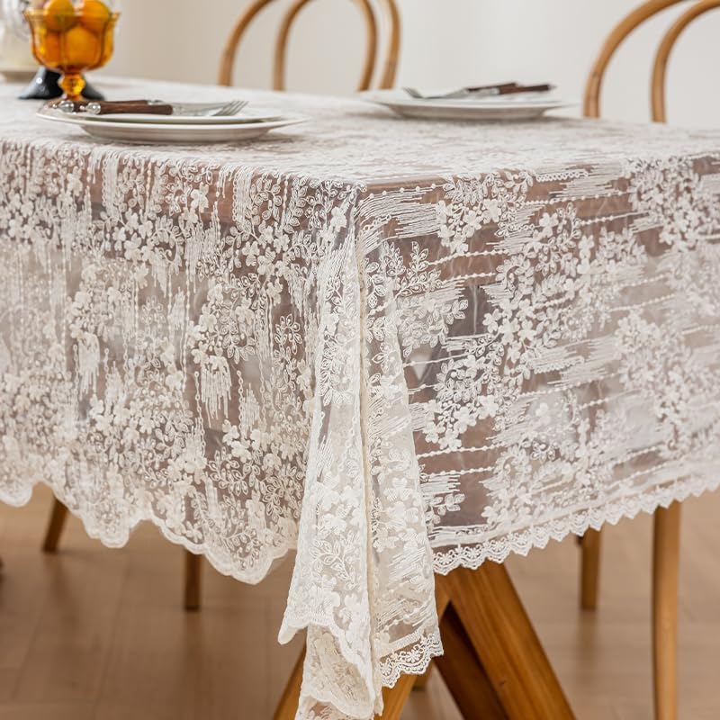 Lace Embroidered Tablecloth. Rectangle Lace Vintage Tablecloth Dustproof Table Protector for Kitchen Dining Room Party Banquet Home Picnic Wedding Decoration (Creamy White 98×53 inch)