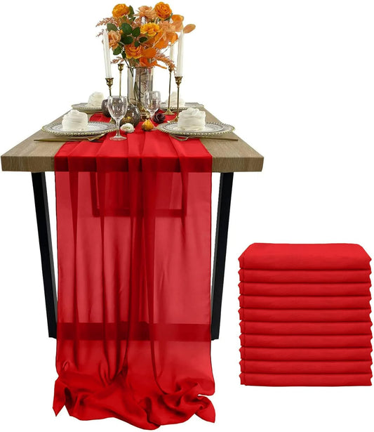 EHLDekol Chiffon Table Runners Romantic Sheer Wedding Table Runner Top Table Bridal Party Decoration (Red, 10ft, 10Pack)