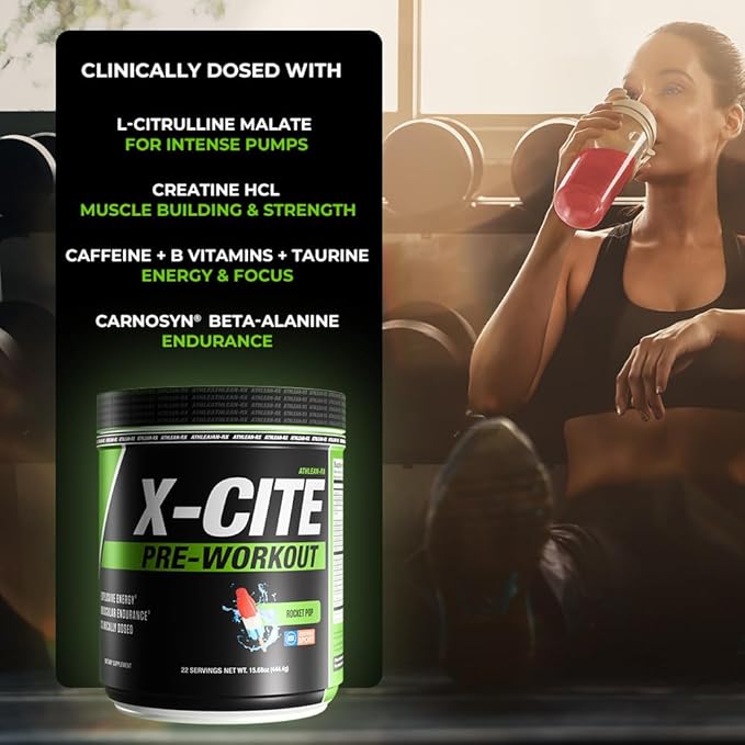 X-CITE Pre-Workout by ATHLEAN-X - Enhanced Formula with Beta-Alanine, Creatine & Caffeine for Ultimate Energy, Endurance, Focus & Muscle Pump, NSF Certified for Sports (22 Servings, Rocket Pop)