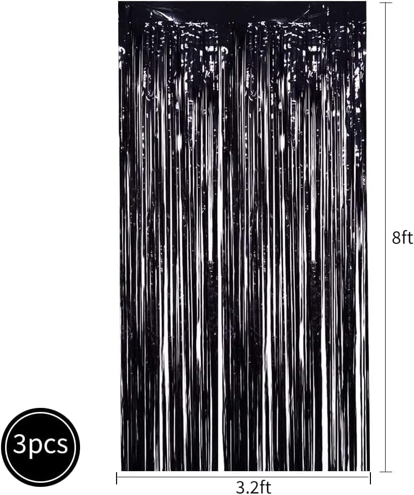 TONIFUL 3Pcs Black Door Streamers,Black Photo Booth Backdrop Metallic Streamers Foil Fringe Curtains for Halloween,Birthday,Christmas,New Year,Bachelorette,Graduation Party Decor(9.9ft x 8.2ft)