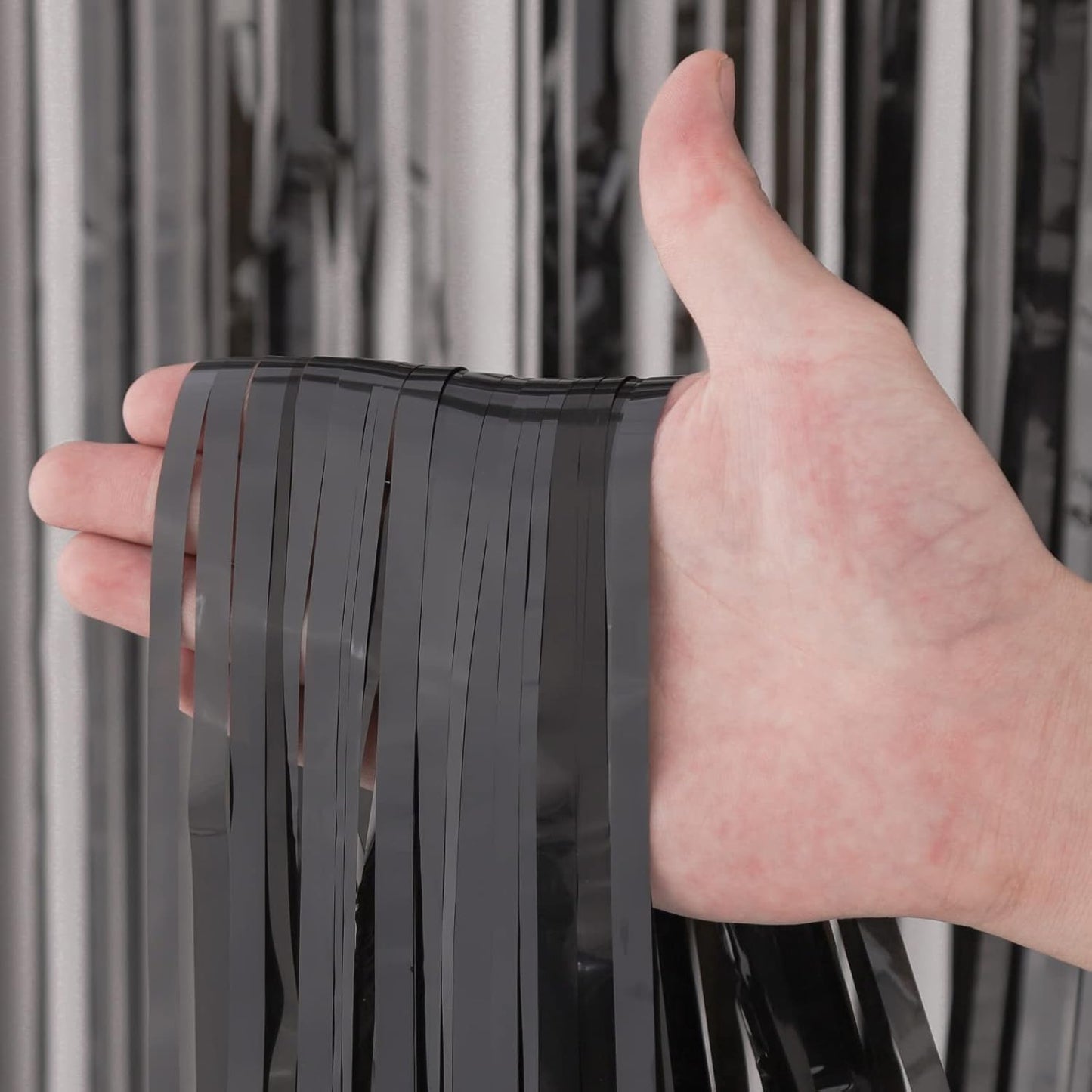 2 Pack Black Foil Fringe Backdrop Curtains, Tinsel Streamers Birthday Party Decorations, Fringe Backdrop for Graduation, Baby Shower, Gender Reveal, Disco Party