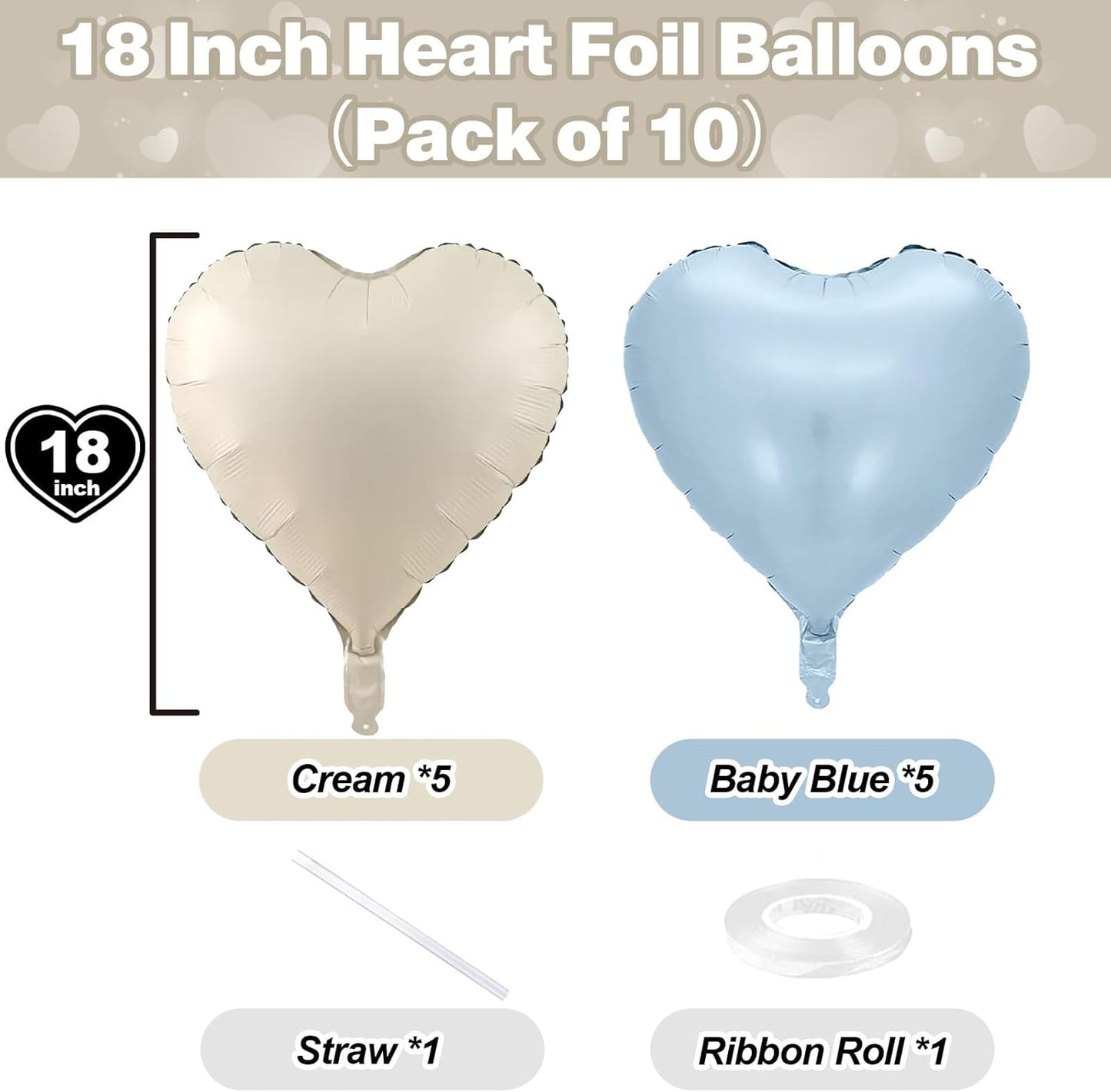 Blue White Heart Balloons, 18 Inch Baby Blue Cream Foil Heart Balloons, 10PCS Light Blue Nude Heart Shape Balloons Blue Helium Mylar Balloons for Boys Men Birthday Baby Shower Valentines Graduation