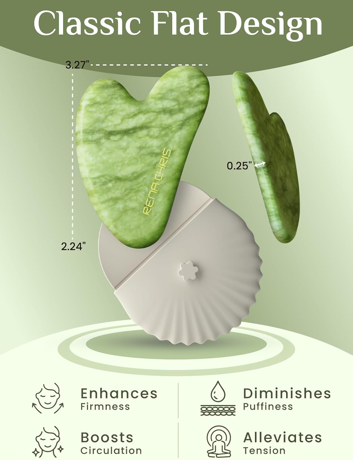 Rena Chris Gua Sha Facial Tools, Xiuyan Jade Stone Guasha Tool for Face Massage, Manual Facial Massager Tool for Jawline Sculpting and Puffiness Reduction with Silicone Case (Green)