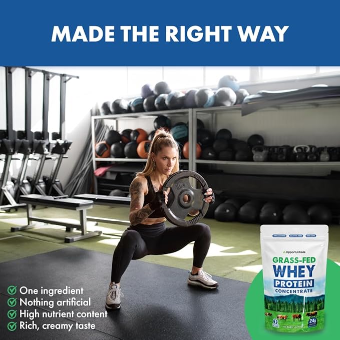 Opportuniteas Grass Fed Whey Protein Powder Concentrate - 1 Ingredient - Pure Protein Supplement for Drink, Smoothie, Shake, Cooking & Baking - Non GMO, Hormone Free & Gluten Free - 1 Pound